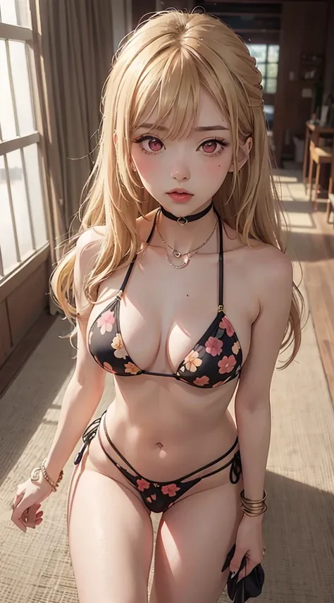 marinlora, 1girl, long hair, blonde hair, blush, indoors, bracelet, black bikini, side-tie bikini bottom, halterneck, black choker, piercing, floral print, ear piercing, string bikini, ((sexual:1.9)), ((subject in the distance:1.3), (three vanishing point ...