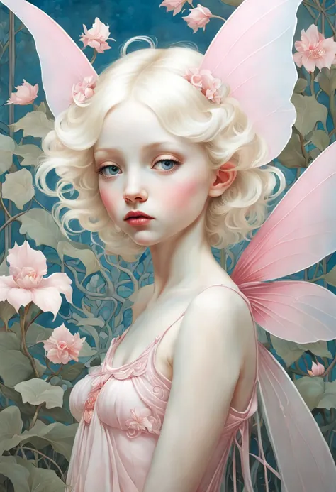 high quality, highly detailed, fantasy, At the forefront of this enchanting scene stands a fantastical 4 year old little fairy with pink wings , Serene Whispers in Soft Hues ,james jean aesthetic, inspired by Gottfried Helnwein, inquisitive. detailed expre...