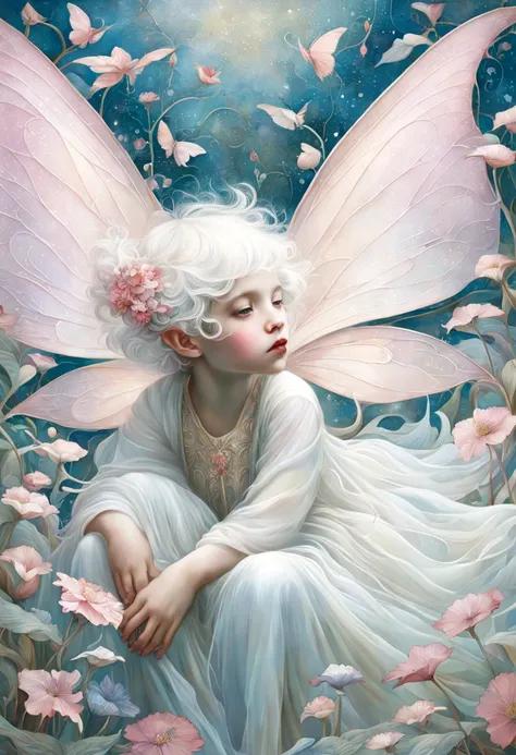 high quality, highly detailed, fantasy, At the forefront of this enchanting scene stands a fantastical 4 year old little fairy with pink wings , Serene Whispers in Soft Hues ,james jean aesthetic, inspired by Gottfried Helnwein, inquisitive. detailed expre...