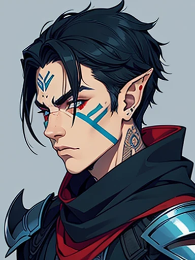 Human Male, pointer ears,face Tattoo , Black Scales Full armor, blue  ,Black hair , red Scarf , Full body, Bandage , bones Snack