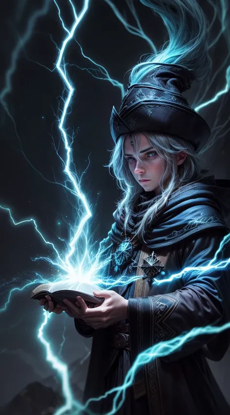 Wizard wizard with glow stick of power, cor roxa, e azul ciano. Lightning falls from the sky in a gloomy and dark setting. Existem arvones negras ao longe no fundo da imagem. Core intensity, Ultra HD |, Upscale.