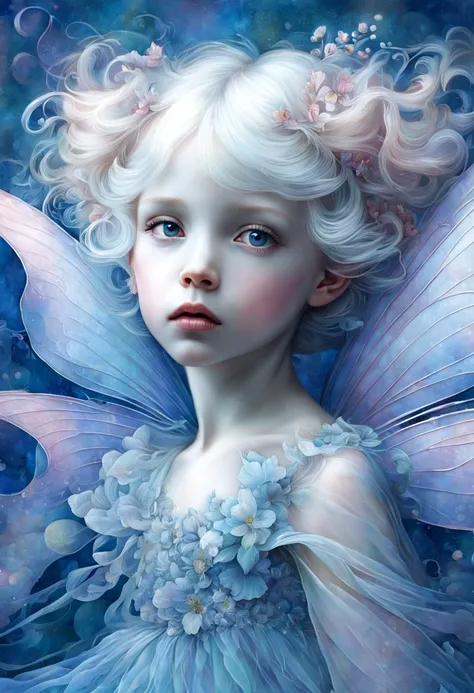 high quality, highly detailed, fantasy, At the forefront of this enchanting scene stands a fantastical 4 year old little fairy with pink wings , Serene Whispers in Soft Hues ,james jean aesthetic, inspired by Gottfried Helnwein, inquisitive. detailed expre...