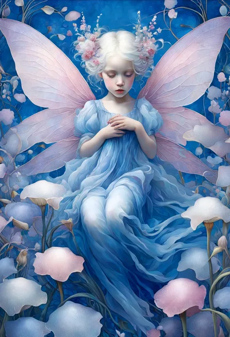 high quality, highly detailed, fantasy, At the forefront of this enchanting scene stands a fantastical 4 year old little fairy with pink wings , Serene Whispers in Soft Hues ,james jean aesthetic, inspired by Gottfried Helnwein, inquisitive. detailed expre...