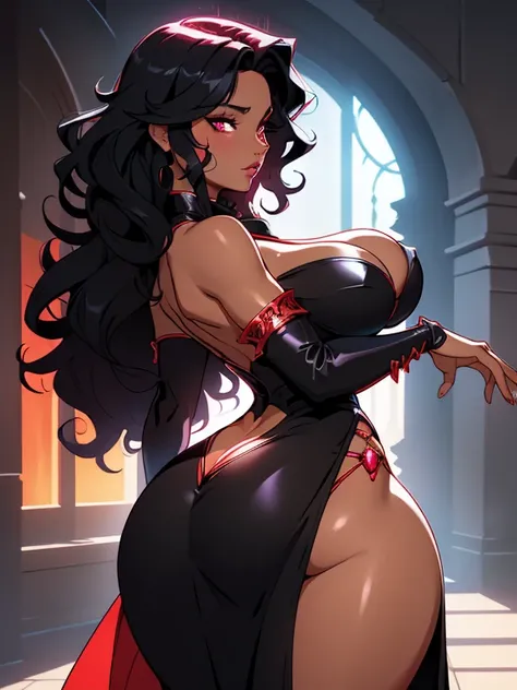 neon red, fantasy sorceress, hot woman, black curly hair, revealing magic dress, large hips, very small breasts, thick thighs, very thin waist, extremely detailed face and eyes, absurdes, 4k, sexy pose, her back, dynamic shadows, beautiful lighting, africa...