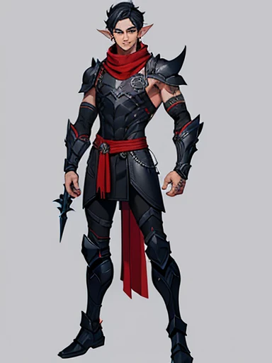 Human Male, pointer ears,face Tattoo , Black Scales Full armor, blue eyes  ,Black hair , red Scarf , Full body, Bandage ,