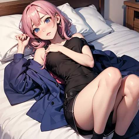 Anime girl drunk with her clothes messed up and laying on the bed, all blushing