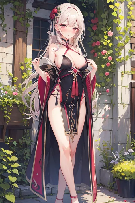 Perfect human body，1 girl， (very highly detailed background，trpical garden), 鎖骨，Small dresow knot，((woman with fever)),  (Colossal tits:1.2)，((Indecent expressionlush blush:1.2),