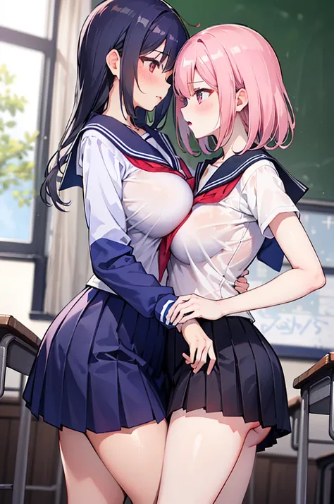 Perfect human body，2 women，twincest，Mature woman， (very highly detailed background，‎Classroom), 鎖骨，a sailor suit，Loose neckline，Low-rise miniskirt，((woman with fever)), ((perspired))), Colossal tits，Indecent expressionlush blush:1.2),Pubic hair shows throu...