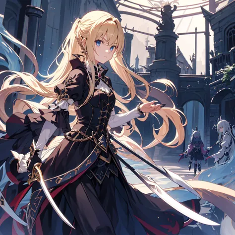 (Best Quality), Dark Fantasy, long blonde hair、femele、Big sword, magical little girl, Gothic, Twin-tailed,ultra-detailliert, High Definition, animesque