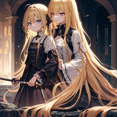 (Best Quality), Dark Fantasy, long blonde hair、femele、Big sword, magical little girl, Gothic, Twin-tailed,ultra-detailliert, High Definition, animesque