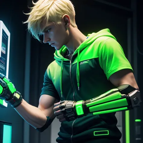 White man with short blond hair short hair in neon green hoodie green hoodie with one robotic arm cybernetic arm and one normal arm normal arm