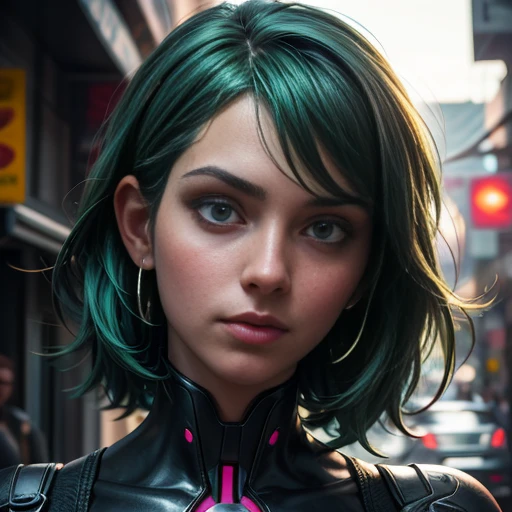 there is a close up of a woman with green hair and tattoos, realistic digital art 4k, realistic digital art 4 k, 4k highly detailed digital art, beautiful cyberpunk girl face, hyperrealistic fantasy art, 8 k realistic digital art, beautiful digital artwork...