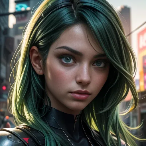 there is a close up of a woman with green hair and tattoos, realistic digital art 4k, realistic digital art 4 k, 4k highly detailed digital art, beautiful cyberpunk girl face, hyperrealistic fantasy art, 8 k realistic digital art, beautiful digital artwork...