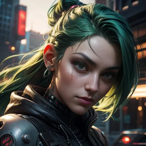 there is a close up of a woman with green hair and tattoos, cyberpunk art inspired by WLOP, cgsociety contest winner, fantasy art, realistic digital art 4k, realistic digital art 4 k, 4k highly detailed digital art, beautiful cyberpunk girl face, 8 k reali...