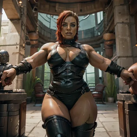 (((Meisterwerk, highest  quality, hight resolution, Hohe Detailgenauigkeit)))),   Photograph of a muscular and very busty female orc warrior in tight, short, leather clothes. 
She has dark green skin with old battle scars. 
She wears her long red hair as a...