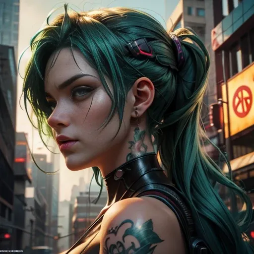 there is a super close up of a woman with green hair and tattoos, cyberpunk art inspired by WLOP, cgsociety contest winner, fantasy art, realistic digital art 4k, realistic digital art 4 k, 4k highly detailed digital art, beautiful cyberpunk girl face, 8 k...