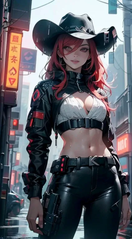 Female:1.5,cyberpunk gunslinger,((girl with messy red hair))),

(((1female, girl:1.5,handsome man,female,female gender:1.5,female focus))),macho man,

((messy red hair,dark_red_hair,detailed hair,highly detailed hair,red hair,hair over one eye:1.2,dyed int...