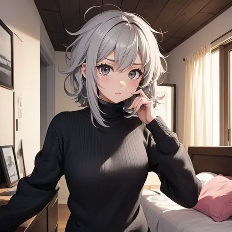 Anime style image of a girl with short gray and messy hair is in her room and is only wearing a black sweater