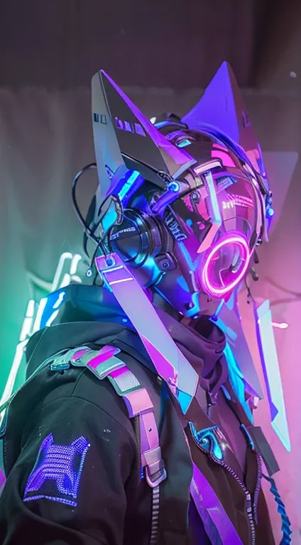 original, masterpiece, best quality, a cyborg woman in a blue circle light up black cyberhelmet with White ears, wearing Neon purple jacket, night day, on the forest ,epic detail, 64K