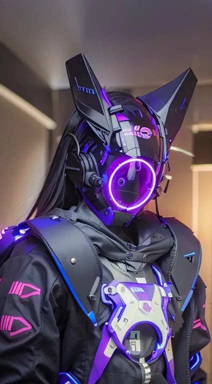 original, masterpiece, best quality, a cyborg woman in a blue circle light up black cyberhelmet with White ears, wearing Neon purple jacket, night day, on the forest ,epic detail, 64K