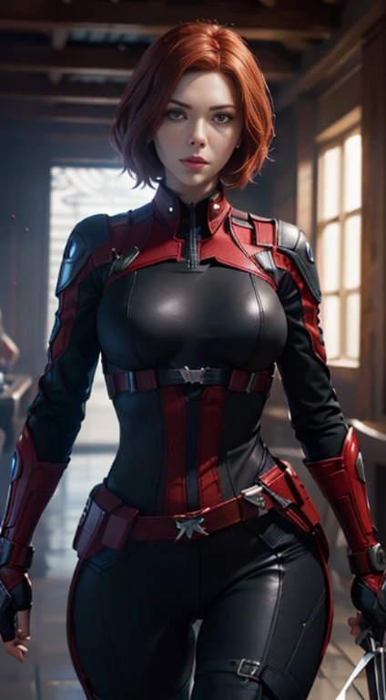 1girl in, Full body shot, Black Widows Natasha Romanoff style (from marvel studios) The costume, medium breasts, Smile, Stand in style, randome pose, (Random angles), (masutepiece, Best Quality, Detailed skin texture, Detailed Cloth Texture, beautifull det...