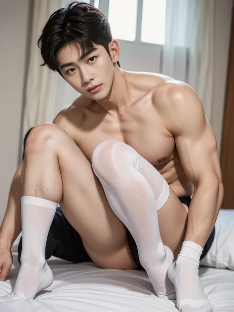 A handsome Korean sexy guy wearing briefs and white stockings sits on top of another handsome guy wearing briefs and white stockings