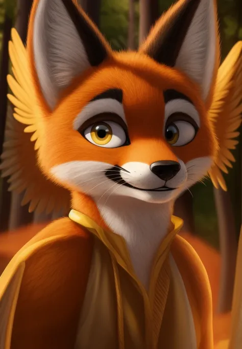 Foxtomas looking at the viewer with a very cool smile A realistic background of a forest and golden angel wings