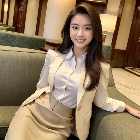 Beautiful malay model, ((wearing professional)) ((blazer and long skirt)), 23 years old, fluffy hair, great smile, secretary, white skin tone, perfect skin, hotel lobby, ((full dress)), perfect confident babe, perfect body, tight shirt, open button