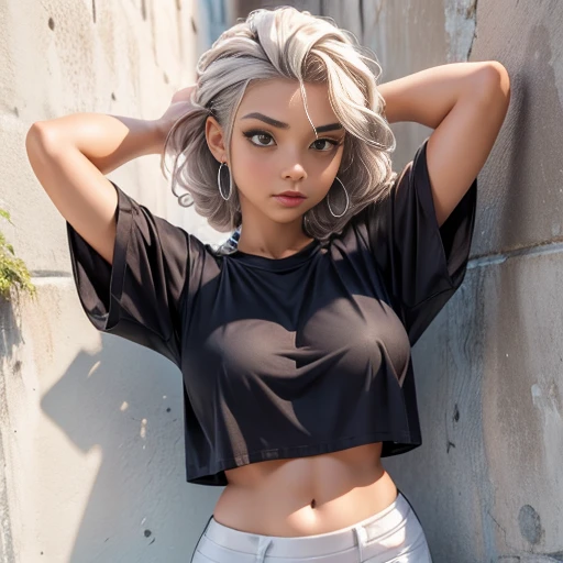 ((master part)), (alta qualidade), corpo inteiro, uma garota com cabelo platinado, curly hair, double braids, seductiveexpression, camiseta muito curta, White translucent t-shirt, camiseta sem estampa, camiseta molhada, translucent fabric, visible lower pa...