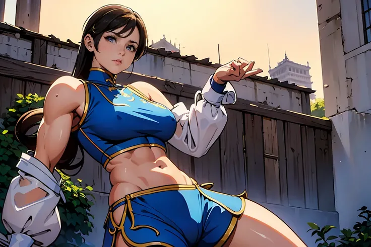 ((Mulher baseada na personagem Chun Li)), seios grandes, seios gigantes, Chun-li musculoso, artes marciais, Cena de luta mostrando pelos pubianos, pernas largas, medium hips, ((ultra Realistic)), TM Ninja branco , Icons, vibrante colors, estilo vetorial, a...