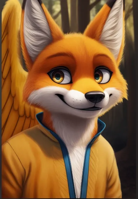 (Foxtomas:1.1),(looking at the viewer:1.1),(with a very cool smile:1.1),(realistic background:1.1),(forest:1.1),(golden angel wings:1.1),(wearing your default outfit:1.1),(the same one that records videos for your tiktok:1.1)