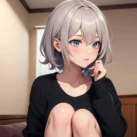 Anime style image of a girl with short gray messy hair is in her room and is only wearing a black sweater.