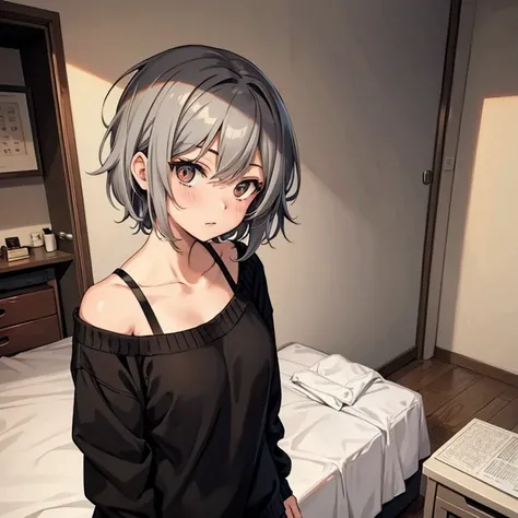 Anime style image of a girl with short gray messy hair is in her room and is only wearing a black sweater.