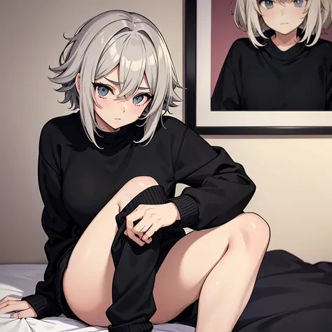 Anime style image of a girl with short gray messy hair is in her room and is only wearing a black sweater. Ojos bien detallados la mejor calidad