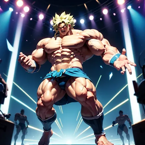 , high quality full body image of goku as a bodybuilder, he only wears a speedo, ohne schuhe, feet, bare feet, massive muscular ...