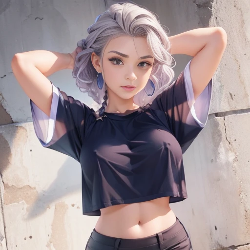 ((master part)), (alta qualidade), corpo inteiro, uma garota com cabelo platinado, curly hair, double braids, seductiveexpression, camiseta muito curta, White translucent t-shirt, camiseta sem estampa, camiseta molhada, translucent fabric, visible lower pa...