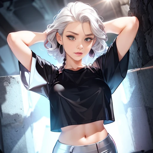 ((master part)), (alta qualidade), corpo inteiro, uma garota com cabelo platinado, curly hair, double braids, seductiveexpression, camiseta muito curta, White translucent t-shirt, camiseta sem estampa, camiseta molhada, translucent fabric, visible lower pa...