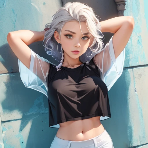 ((master part)), (alta qualidade), corpo inteiro, uma garota com cabelo platinado, curly hair, double braids, seductiveexpression, camiseta muito curta, White translucent t-shirt, camiseta sem estampa, camiseta molhada, translucent fabric, visible lower pa...