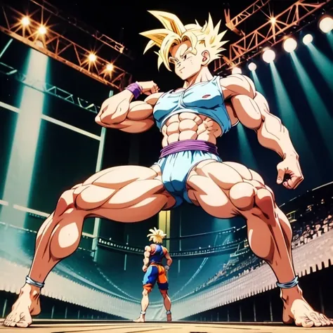 Anime stil , High quality full body image of Gohan as a bodybuilder, He&#39;s only wearing a thong , ohne Schuhe, feet, bare feet, massive muscular body, huge muscular shoulders, Massive big biceps, Venen im Bizeps, Muskelbeine, massive muscular abs, bizep...