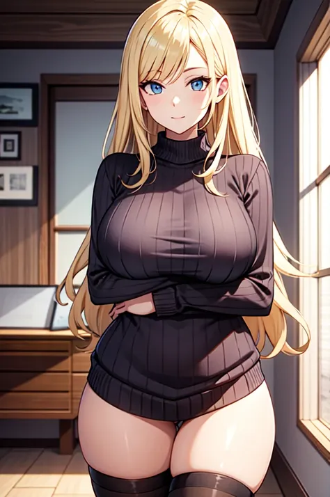 (realistic:0.8),  gyaru, blonde hair, hair flaps, 
thighhighs, (gigantic breasts:0.8), (sweater:1.2),  
inside the room, naked