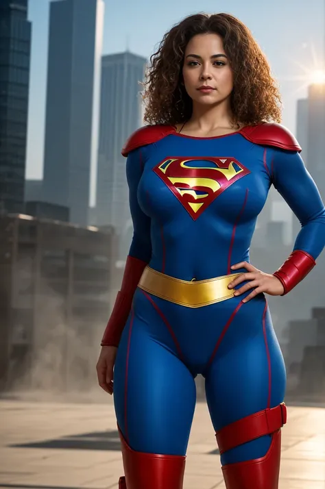 Beautiful 40 years old woman cameltoe with curly hair, attractive eyes, round and firm breasts, small and narrow waist, wide hips, round and firm buttocks, detailed, thick and sexy legs, cameltoe dressed as a supergirl. in a beautiful futuristic cyberpunk ...