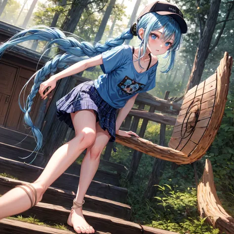 Blue hair、blue eyess、Braids、poneyTail、one good looking girl、独奏、animesque、Plaid miniskirt、Black T-shirt、camisole、the woods、Wearing a plaid baseball cap、bare-legged、Tilting your face、Walking、Crossing a log bridge while keeping balance、Doing the ribbon、have a...