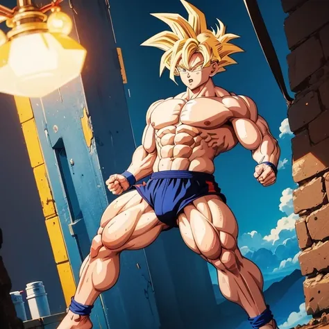 (Eine detaillierte Zeichnung von Son Goku, bodybuilding gym.), shirtless, huge muscle Body, Big Bizeps, Big shoulders, muscukar legs,abs, barefoot, mma, boxing