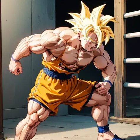 (Eine detaillierte Zeichnung von Son Goku, bodybuilding gym.), shirtless, huge muscle Body, Big Bizeps, Big shoulders, muscukar legs,abs, barefoot, mma, boxing