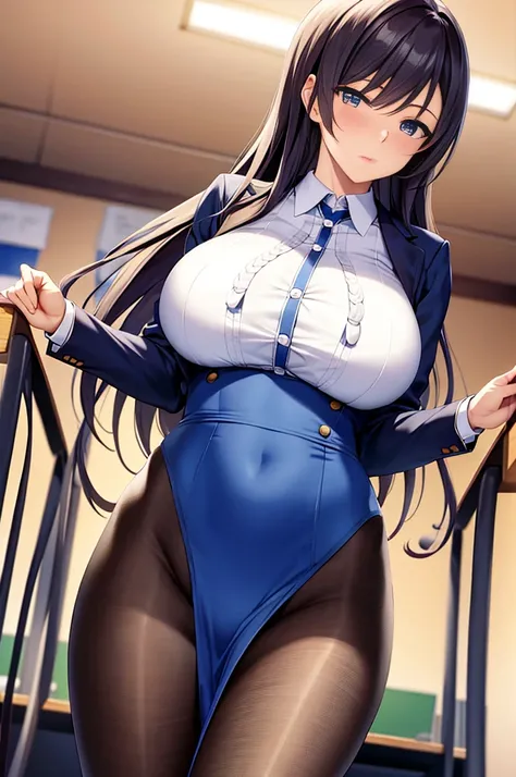 Perfect human body，Mature and intellectual woman， (very highly detailed background，Classroom), college aged，Student council president，long whitr hair，hair adornments，Colossal tits，stocklings，Indecent expressions，sharp look，(Blushlush:1.2),Pubic hair shows ...