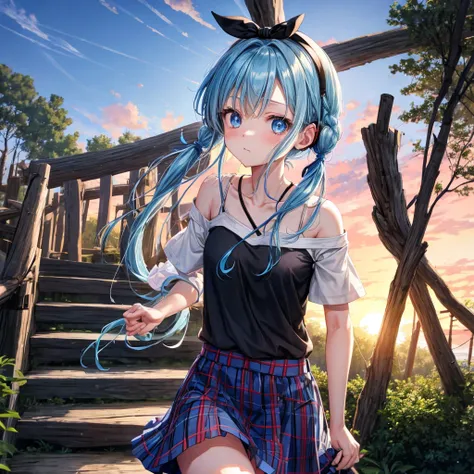 Blue hair、blue eyess、Braids、poneyTail、one good looking girl、独奏、animesque、Plaid miniskirt、Black T-shirt、camisole、the woods、Wearing a plaid baseball cap、bare-legged、Tilting your face、Walking、Crossing a log bridge while keeping balance、Doing the ribbon、have a...