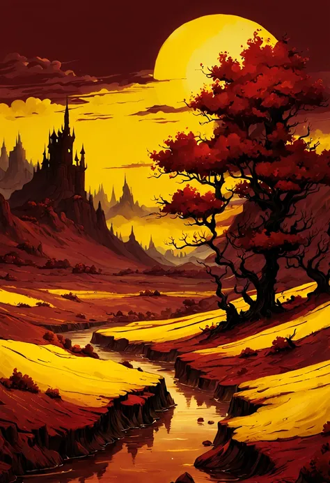 A fantasy landscape in a very dark red and yellow color, Estilo Van Gogh, acuarela, tendencias en Artstation, foco nítido, Foto de estudio, Detalles intrincados, Altamente detallado, por Greg Rutkowski