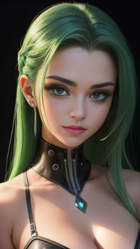 ((masterpiece)), ((melhor qualidade)), ((cyberpunk lighting)), Close up de uma garota, (pele clara), pele dos povos europeus, , olhos grandes, olhos redondos, (olhos verde esmeralda),(((cabelo vermelho claro))), long and curly hair, mostrar o busto, pele p...