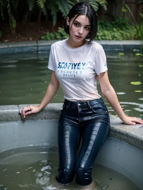 (Water-soaked clothing:1.17), (Best Quality,high resolution,bokeh:1.2),one woman, Pronounced wrinkles,Bob haircut,Detailed eyes and face,tshirt,(standing:1.0),(gloomy ecstasy:1.1), Posing, reclining in a pond, partially submerged, SoakingWetClothes, black ...