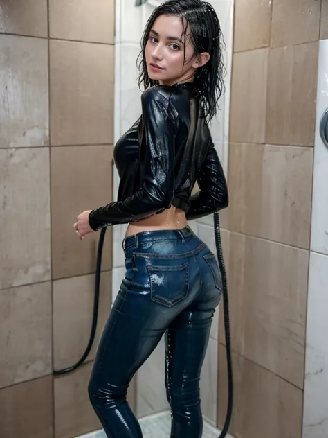 (Water-soaked clothing:1.17), (Best Quality,high resolution,bokeh:1.2),one woman, Pronounced wrinkles,Bob haircut,Detailed eyes and face,tshirt,(standing:1.0),(gloomy ecstasy:1.1), Posing, standing in a shower SoakingWetClothes, black Dark Marten boots, sh...